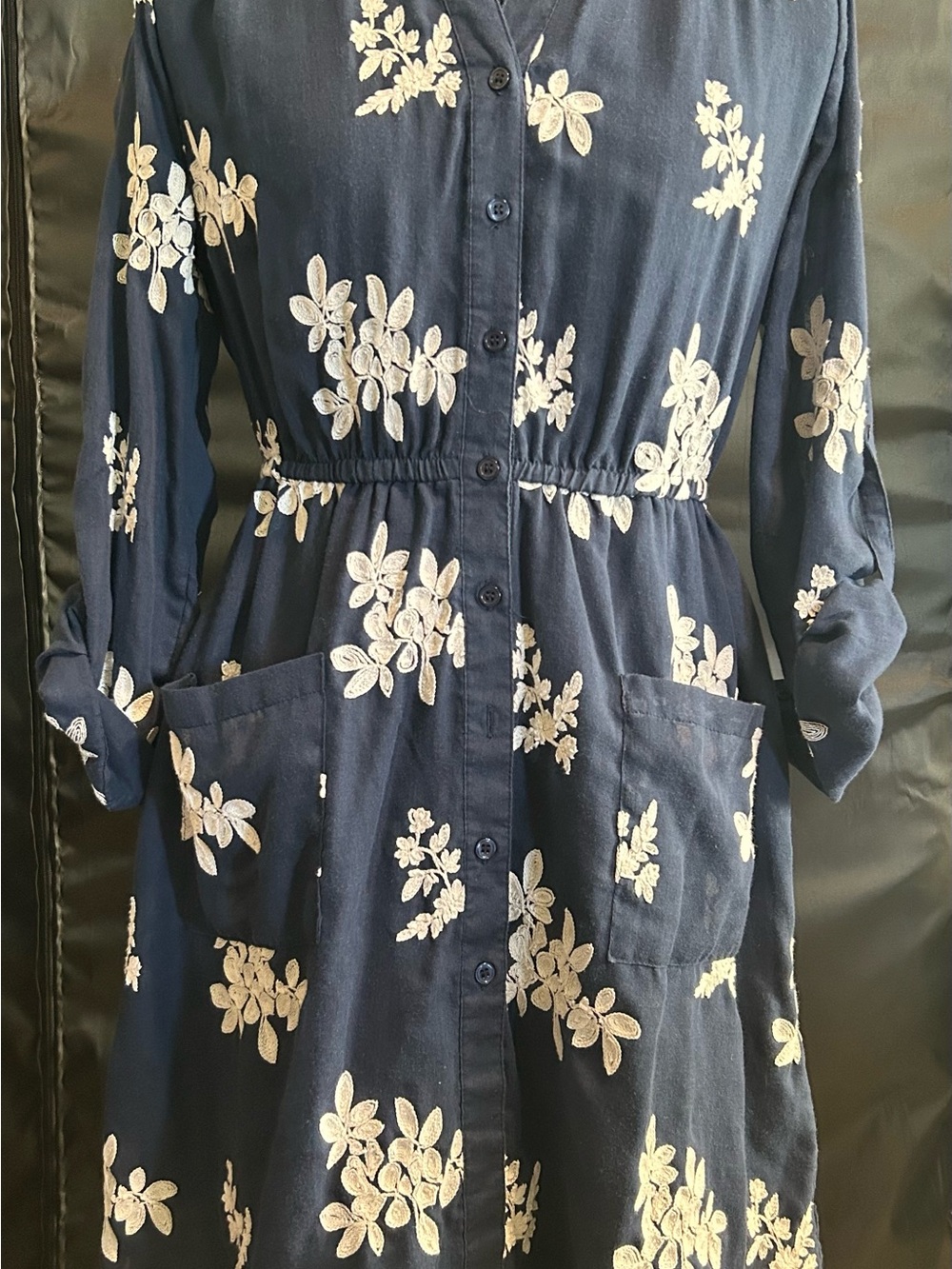 Beige by eci Navy Floral Embroidered Button-Front Dress